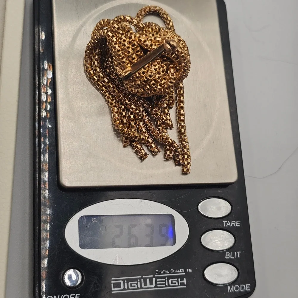 Vintage Gold Tone Knotted Tassel Brooch Statement Fringe Pin Uneven Cascade